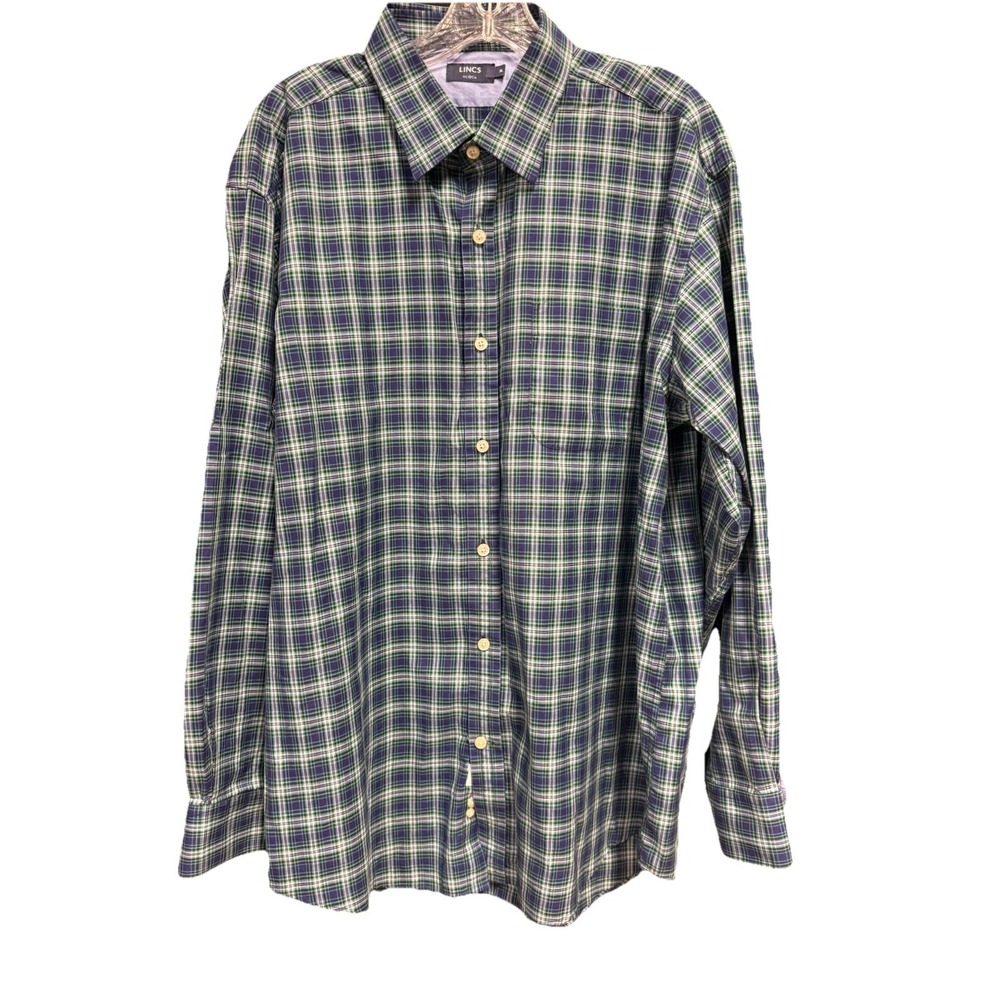 Lincs DC & Co Men's XL 100% Cotton Plaid Shirt Blue Button Up Work Formal
